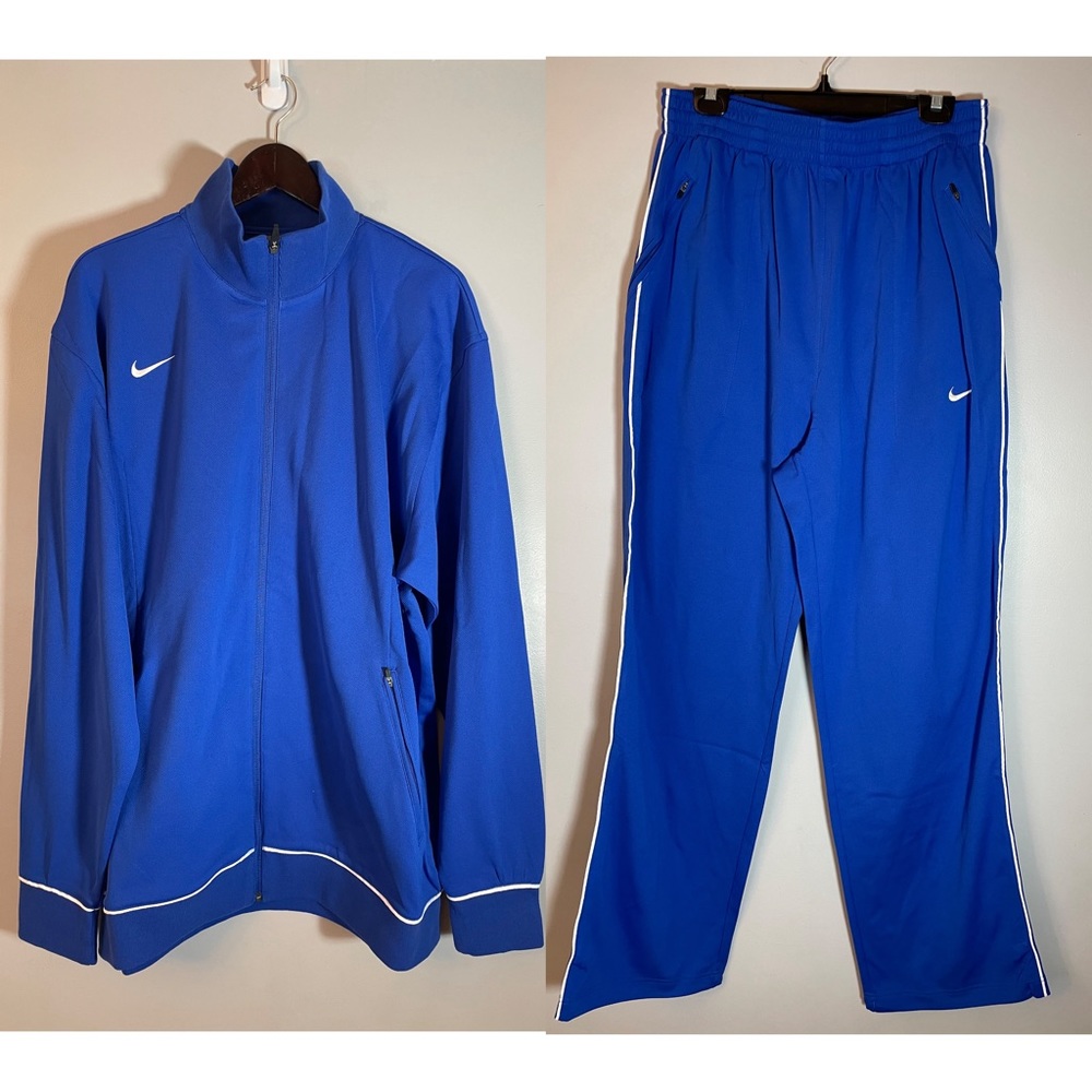 Nike blue basketball suit with white piping. Relaxed Straight/ wide leg style.